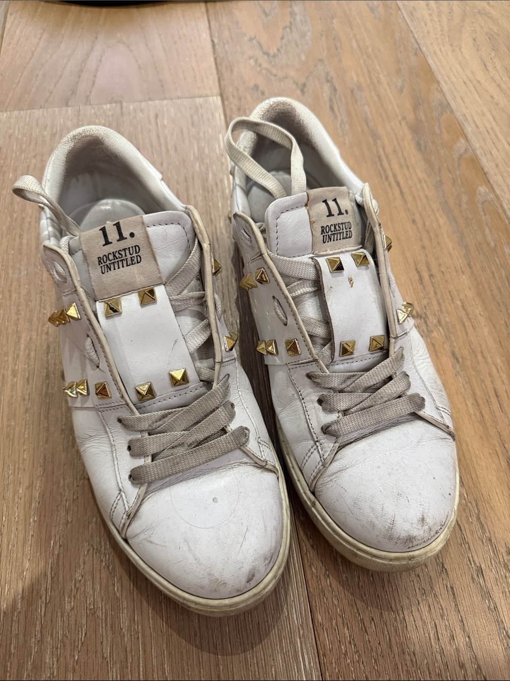 Valentino White Leather Rockstud Untitled Sneakers with Gold Studs